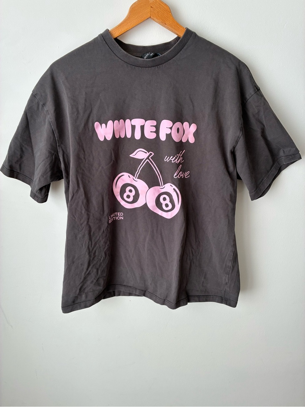 White Fox Tee Womens Small With Love 88 Cherry Graphic Charcoal Pink